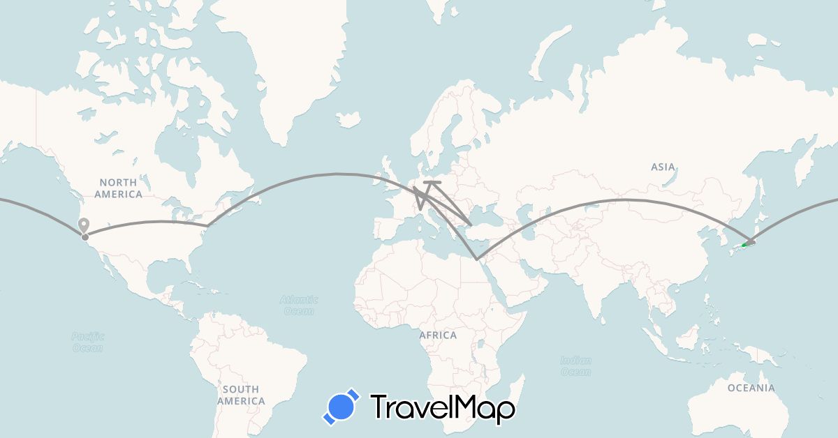 TravelMap itinerary: bus, plane in Germany, Egypt, Ireland, Italy, Japan, Poland, Turkey, United States (Africa, Asia, Europe, North America)